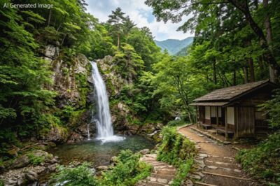 江戸時代の木曽八景「小野の滝」（画像はAIによるイメージです）（須原・野尻関連）