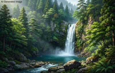 江戸時代の木曽八景「小野の滝」（画像はAIによるイメージです）（須原・野尻関連）
