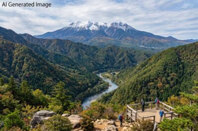 木曽谷からの御嶽山（画像はAIによるイメージです）