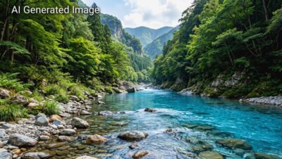 旅人を魅了する奇跡の清流・阿寺ブルーの幻想的なイメージ図(画像はあくまでAIによるイメージです。)