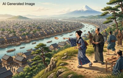 江戸時代の「かわらけ投げ」のイメージ（画像はあくまでAIによるイメージです。）（鉄道唱歌：王子関連）
