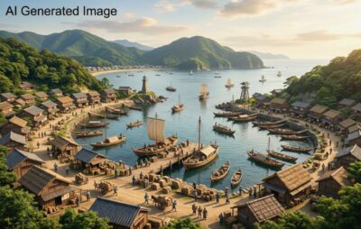 江戸時代の熊本・三角港（画像はAIによるイメージです。史実とは異なる描写がある可能性があります）