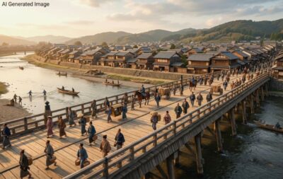 京都の鴨川にかかる、江戸時代の三条大橋(画像はAIによるイメージです)(鉄道唱歌の旅:京都の観光・名所)