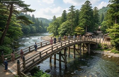 江戸時代の五十鈴川と宇治橋(画像はAIによるイメージです)(伊勢神宮関連)