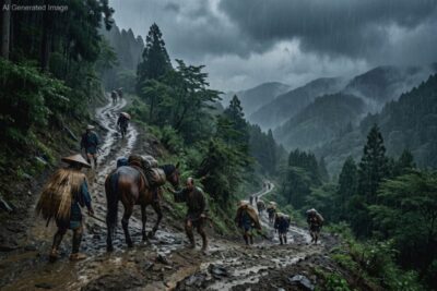 江戸時代の田原坂。「雨は降り、人馬は濡れる」という、非常に険しい道だったという。（画像はAIによるイメージです）