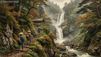 江戸時代の神戸「布引の滝」(画像はAIによるイメージです)(鉄道唱歌:山陽地方の旅)