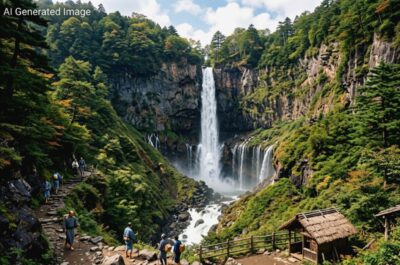 江戸時代の華厳の滝（画像はAIによるイメージです）（鉄道唱歌の旅：日光関連）
