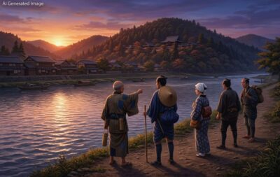 江戸時代の初瀬川の夕波（画像はAIによるイメージです）