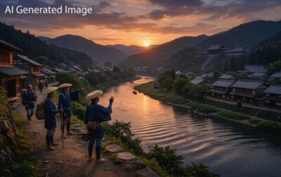 江戸時代の初瀬川の夕波（画像はAIによるイメージです）（鉄道唱歌：初瀬関連）