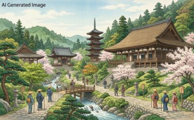 江戸時代の初瀬街道と長谷寺（画像はAIによるイメージです）（鉄道唱歌：初瀬関連）