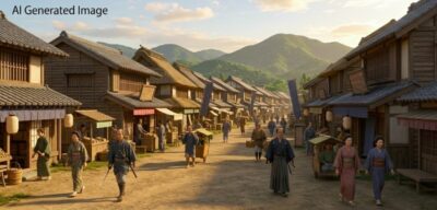 江戸時代の唐津街道・前原宿（画像はAIによるイメージです）（筑肥線関連）