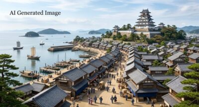 江戸時代の唐津の町並み（画像はAIによるイメージです）（筑肥線関連）