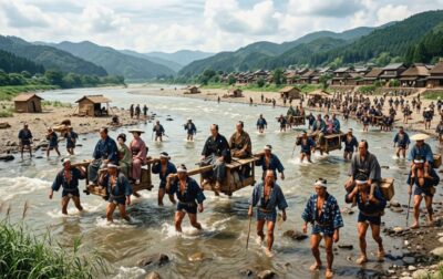江戸時代の大井川の川越人足(画像はAIによるイメージです)(鉄道唱歌:島田・大井川関連)