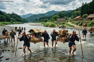 江戸時代の大井川の川越人足(画像はAIによるイメージです)
