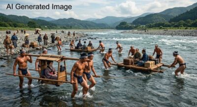 江戸時代の大井川の川越人足(画像はAIによるイメージです)