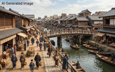 江戸時代の難波(画像はAIによるイメージです)(鉄道唱歌:大阪関連)
