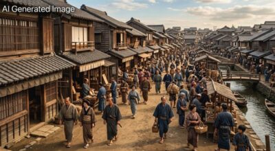 江戸時代の難波(画像はAIによるイメージです)(鉄道唱歌:大阪関連)