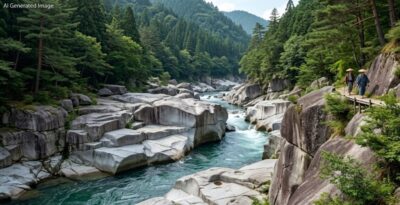 江戸時代の「寝覚の床」（画像はAIによるイメージです）（鉄道唱歌の旅）