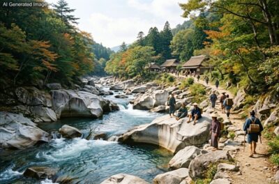 江戸時代の「寝覚の床」（画像はAIによるイメージです）（鉄道唱歌の旅）