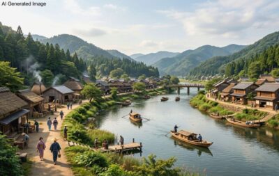 江戸時代の(多治見をはじめとする)東濃地方と土岐川(画像はAIによるイメージです)