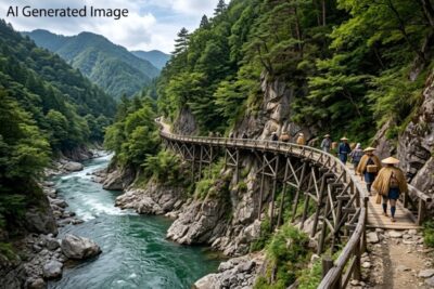 木曽の桟（画像はAIによるイメージです）（鉄道唱歌の旅）