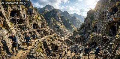 江戸時代の石見銀山(画像はAIによるイメージです)(鉄道唱歌・石見地方関連)