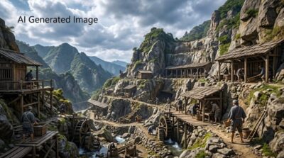 江戸時代の石見銀山(画像はAIによるイメージです)(鉄道唱歌・石見地方の旅)
