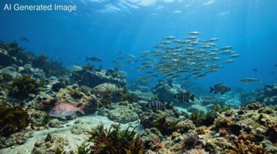 玄界灘の大陸棚に集まる魚（画像はAIによるイメージです）（筑肥線関連）