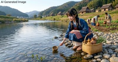 川で水くみをする、真間の手児奈(画像はAIによるイメージです)