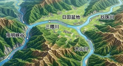 日田盆地における三隈川（筑後川）の地形（画像はAIによるイメージです）