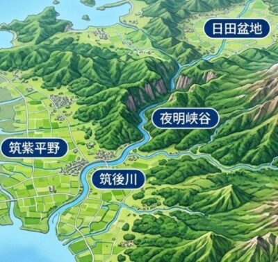 筑後川・筑紫平野の地形イメージ図（画像はAIによるイメージです）