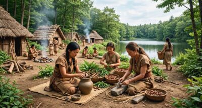 縄文時代の人々の暮らし（画像はAIによるイメージです）（鉄道唱歌：大森・川崎関連）