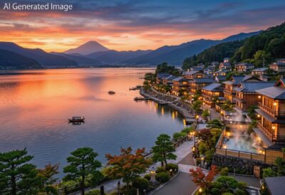 諏訪湖と諏訪温泉（画像はAIによるイメージです。実際の景色ではありませんので、ご了承ください。）