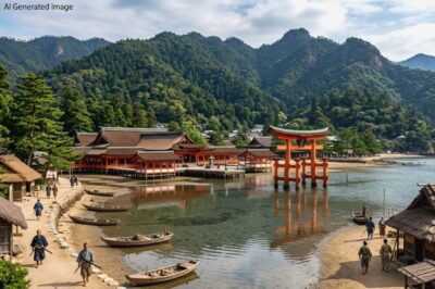 鎌倉時代の厳島神社(画像はAIによるイメージです)(鉄道唱歌:宮島関連)