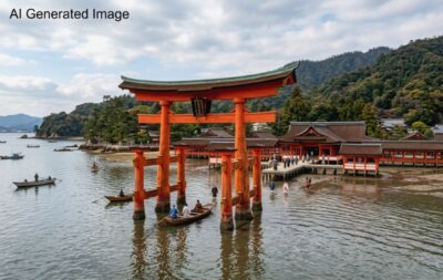 鎌倉時代の厳島神社(画像はAIによるイメージです)(鉄道唱歌:宮島関連)