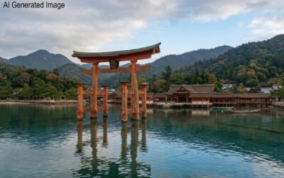 鎌倉時代の厳島神社(画像はAIによるイメージです)(鉄道唱歌:宮島関連)