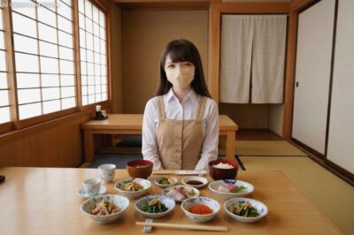 長万部の海産料理をいただく筆者（という設定のAIイメージてす。ご了承ください(^_^;）