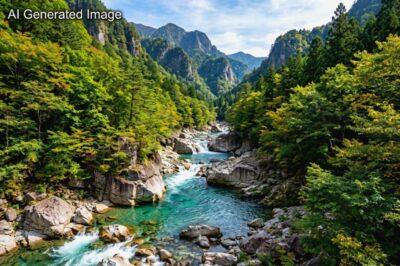 高い透明度を誇る阿寺ブルーの源流・阿寺渓谷のイメージ図(画像はあくまでAIによるイメージです。)