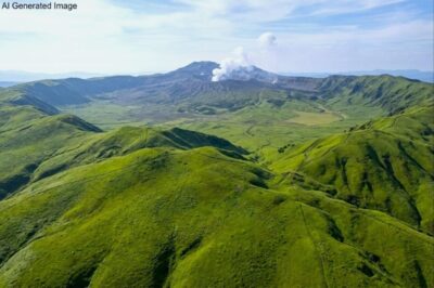 阿蘇の広大なカルデラ盆地を取り囲む、阿蘇外輪山の絶景イメージ（画像はあくまでAIによるイメージです。）