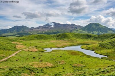 阿蘇山と草千里の美しい大草原が広がる自然風景のAIイメージ図