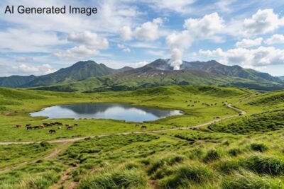 雄大に広がる阿蘇山と、草千里ヶ浜の壮大な自然風景イメージ（画像はあくまでAIによるイメージです。）