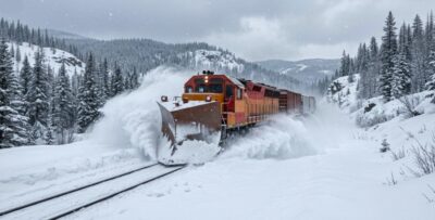 「ラッセル車」による除雪の様子(画像はAIによるイメージです)(冬の線路対策)