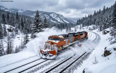 ラッセル車を使った除雪作業の例（画像はあくまでAIによるイメージです。）（深名線の歴史解説）