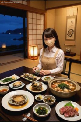 観光の後は、隠岐の島の「海の幸」を満喫！（という設定のAI画像です！）