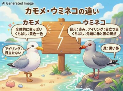 よく似ているカモメとウミネコの違い(画像はあくまでAIによるイメージです。)(鉄道唱歌:八戸関連)
