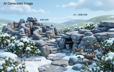 「オコジョの理想郷」。オコジョにとっては「避暑地」ともいえる高原地帯に、敵から隠れる岩のトンネルや、エサとなるネズミ等が存在。(画像はあくまでAIによるイメージです。)