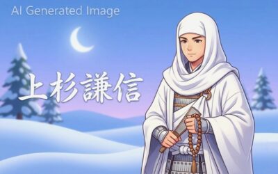 上杉謙信(画像はあくまでAIによるイメージです。)(鉄道唱歌:妙高→直江津関連)
