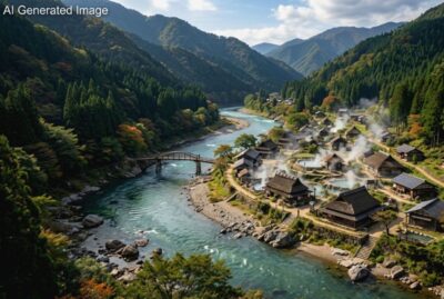 江戸時代の下呂温泉と飛騨川（画像はあくまでAIによるイメージです。史実とは異なる描写がある可能性がありますので、ご了承ください。）