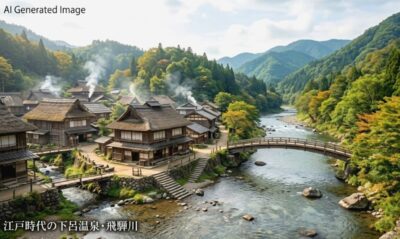 江戸時代の下呂温泉と飛騨川（画像はAIによるイメージです）