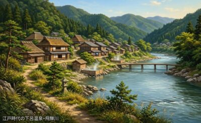 江戸時代の下呂温泉と飛騨川（画像はAIによるイメージです）